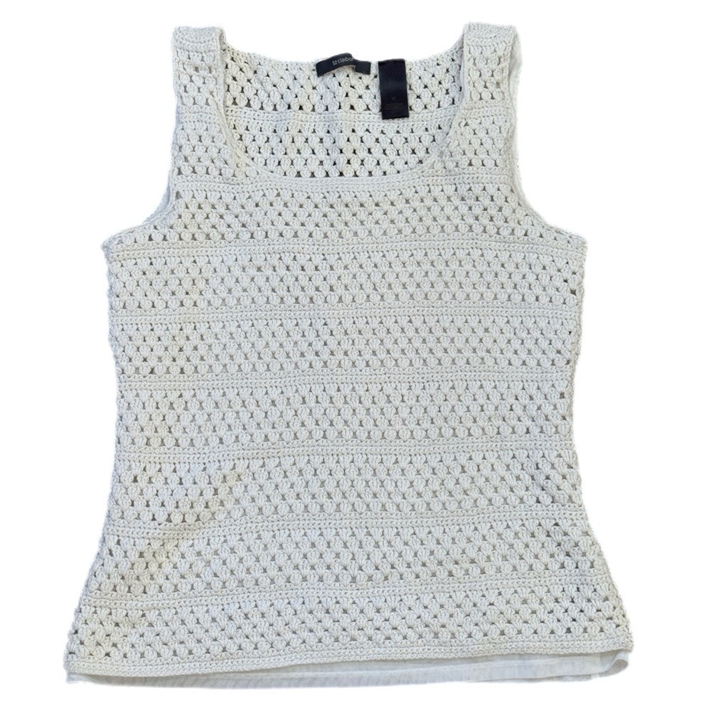 Liz Claiborne Crochet Knit Tank Top Linen Blend Ivory Lined Womens Medium